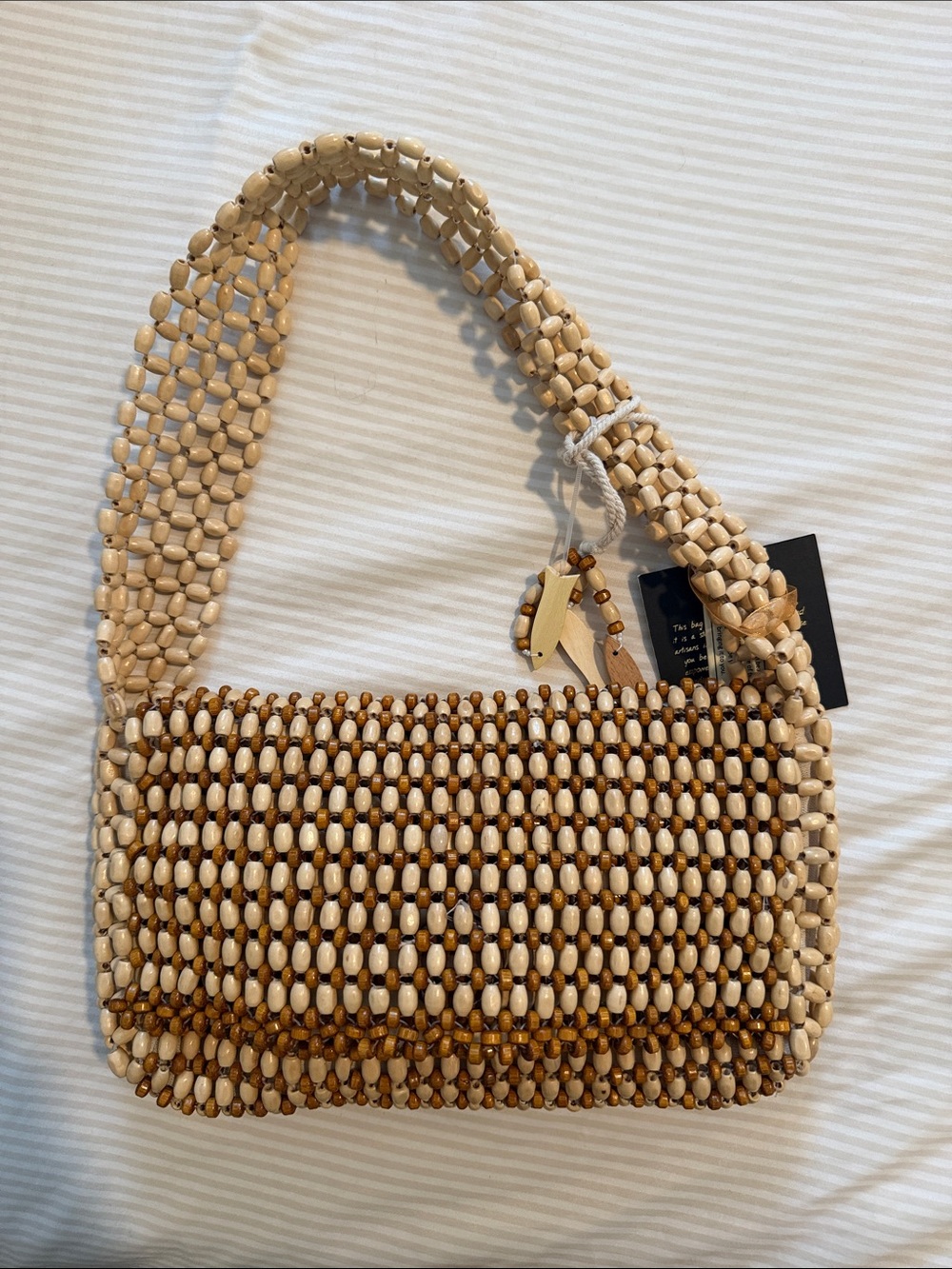 Beaded Shoulder Bag in Natural and Honey Brown